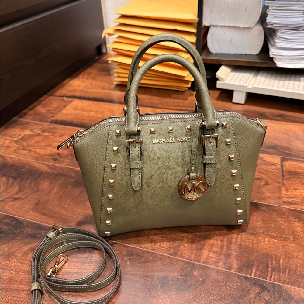 NWOT - new- Michael Kors Olive Studded Saffiano Mini Satchel with Gold Hardware